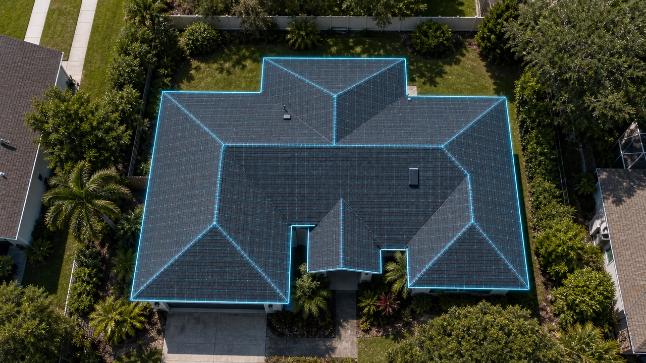 Shingle roof with a digital measurement overlay